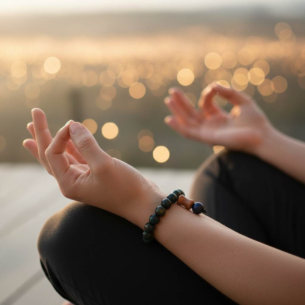 Sapphire mala bracelet made from natural sapphire beads, photographed on neutral background.