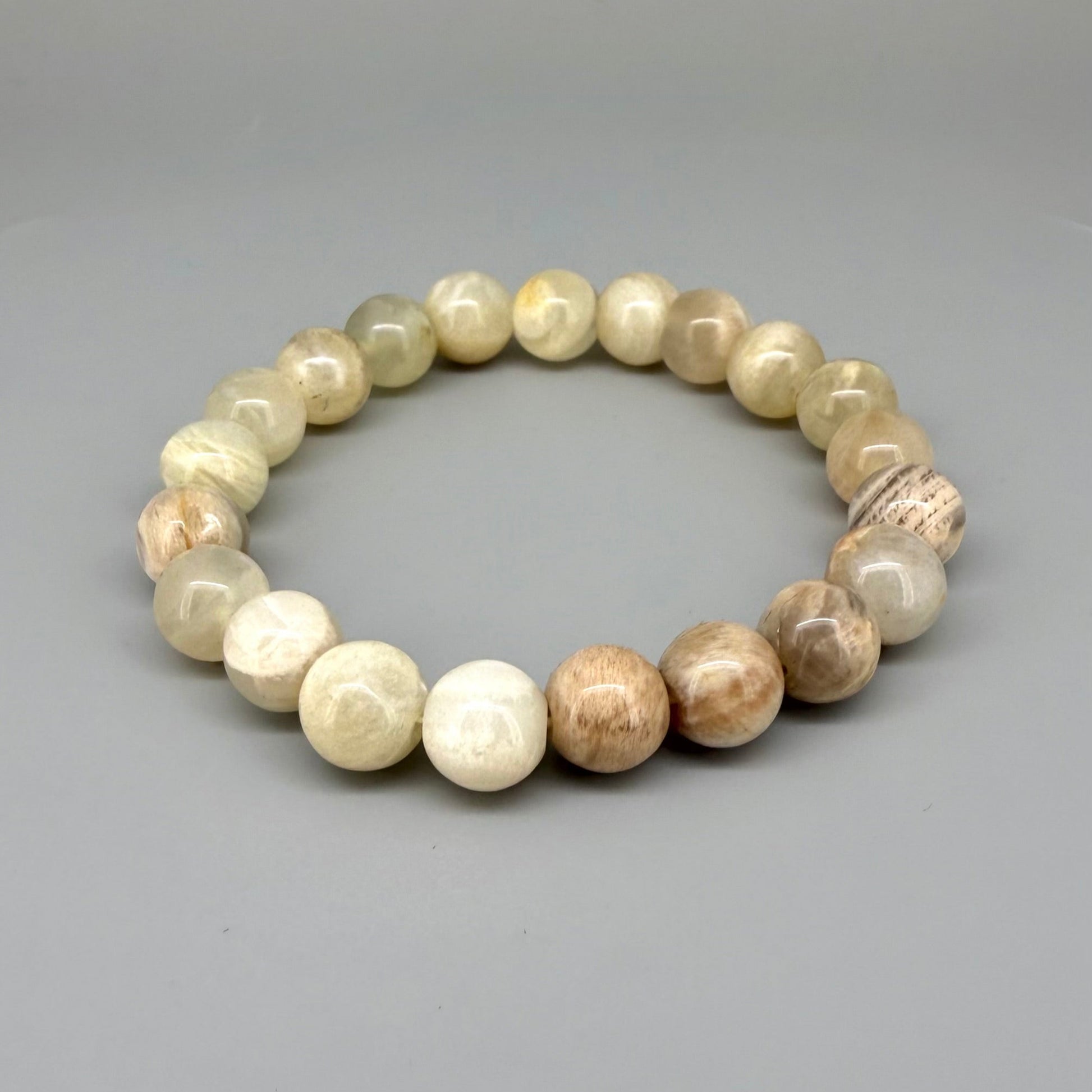 Moonstone beaded bracelet, 19cm, beige and earthy gemstone beads with subtle shimmer on elastic stretch band.
