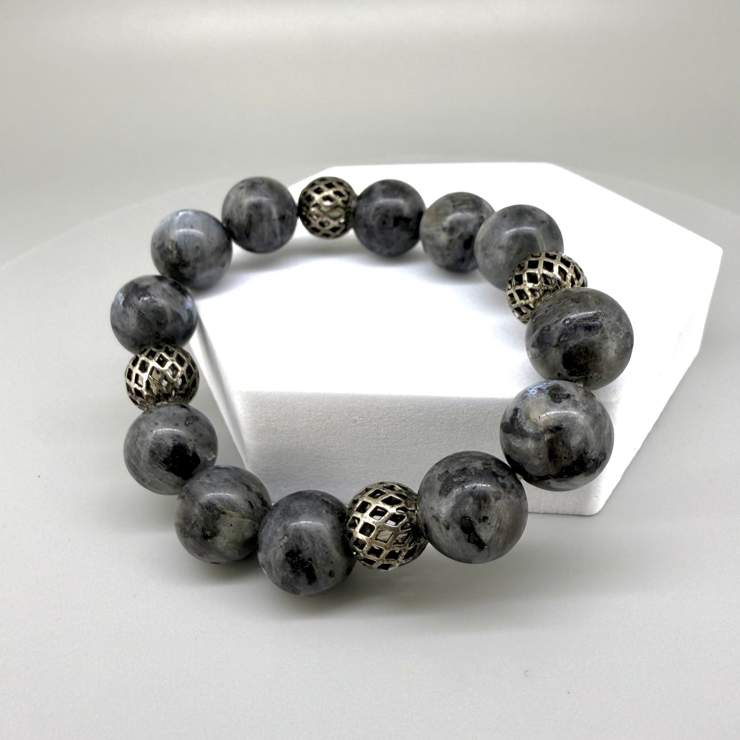 Handmade natural Labradorite beaded bracelet, with textured metal spacer beads on elastic band.