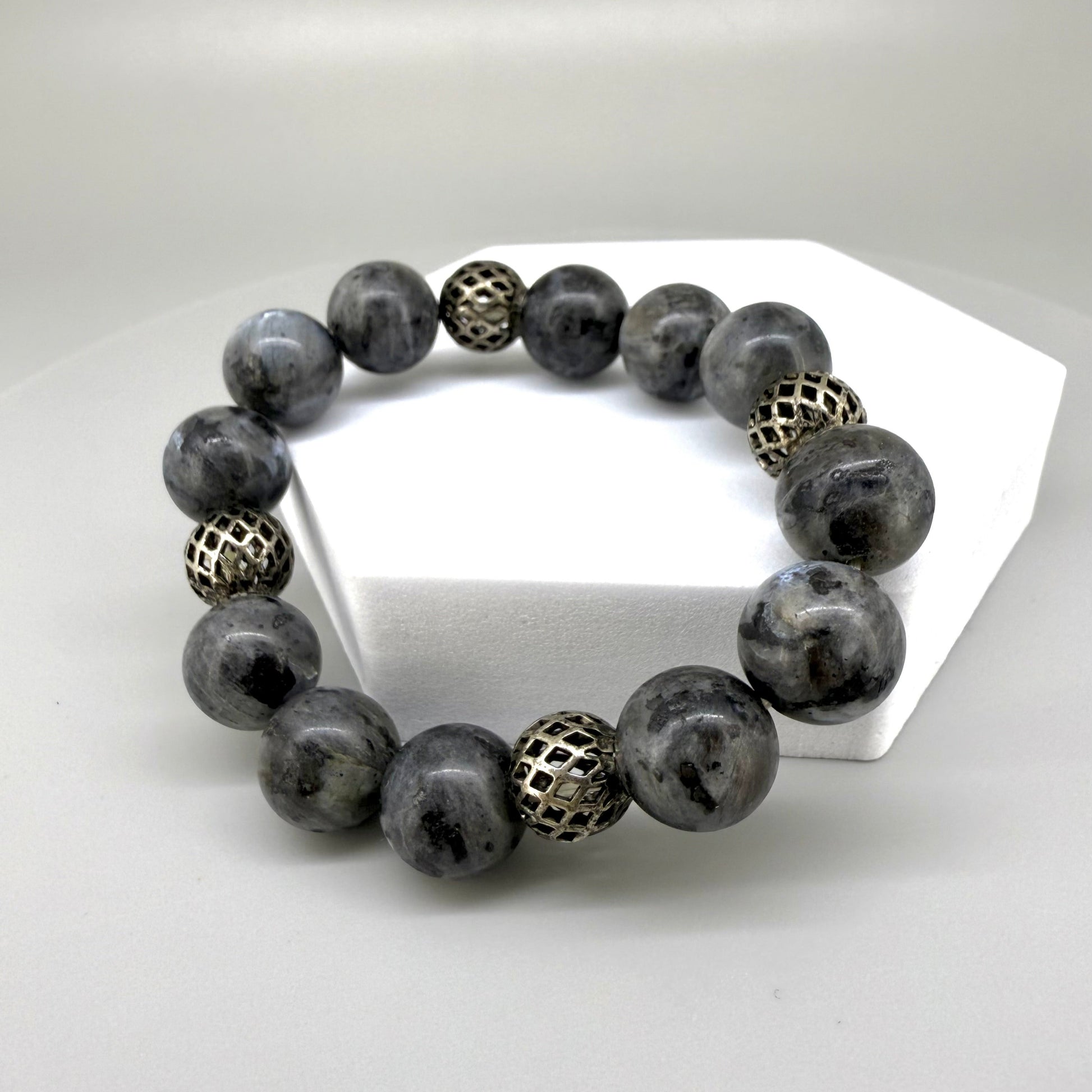 Handmade natural Labradorite beaded bracelet, with textured metal spacer beads on elastic band.