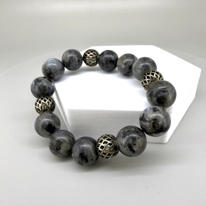 Handmade natural Labradorite beaded bracelet, with textured metal spacer beads on elastic band.