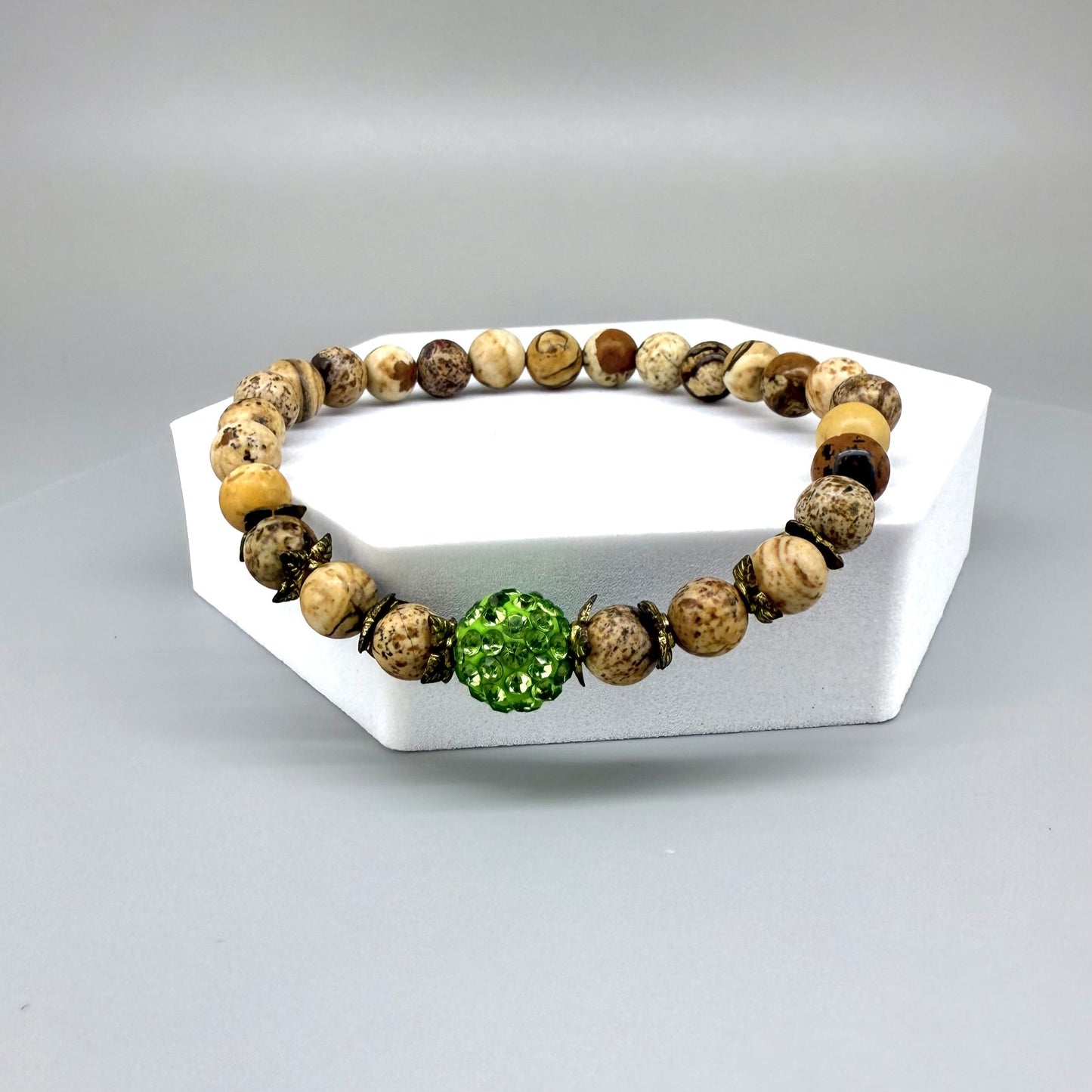 Jasper beaded bracelet, natural gemstone beads in light earthy tones on elastic stretch band.