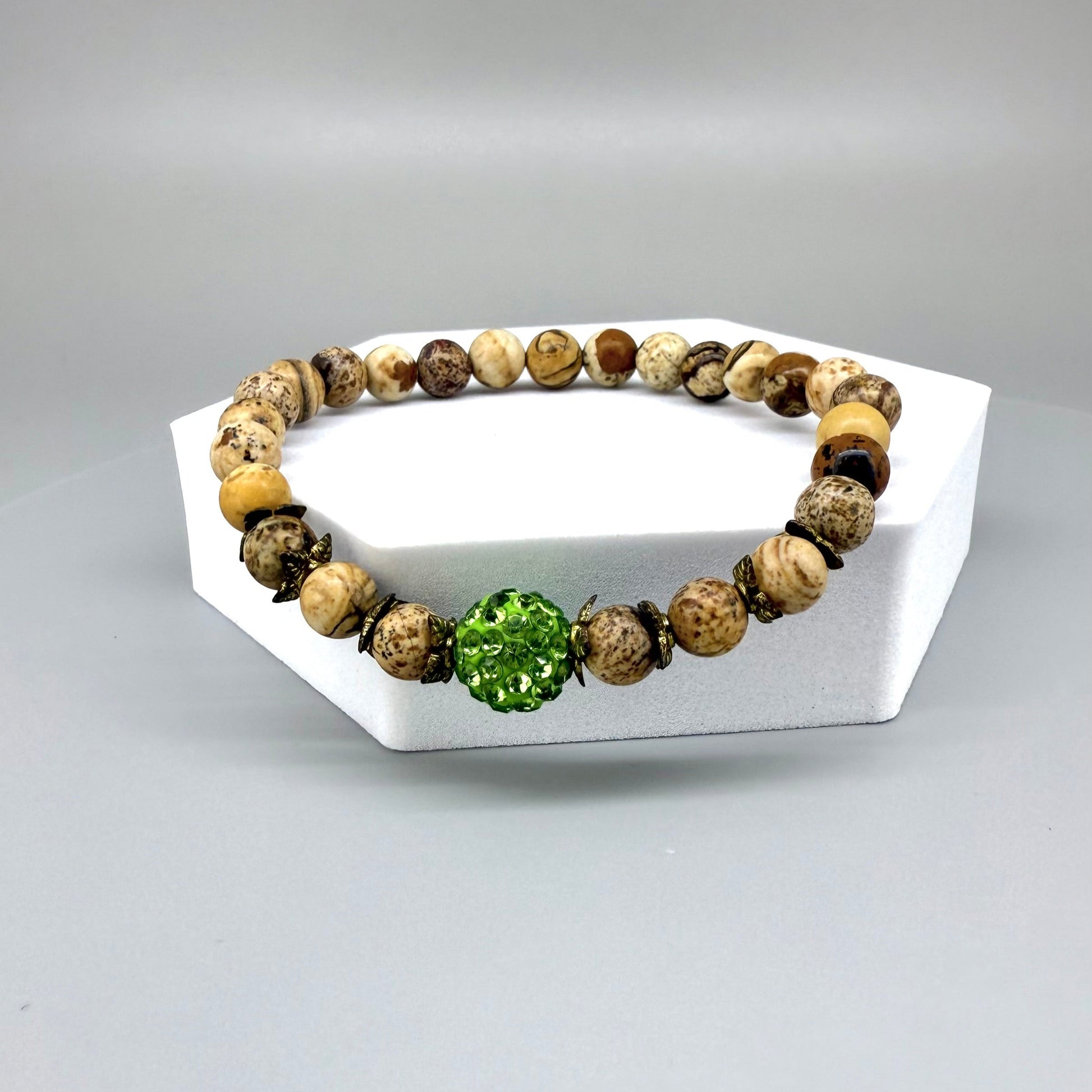 Jasper beaded bracelet, natural gemstone beads in light earthy tones on elastic stretch band.
