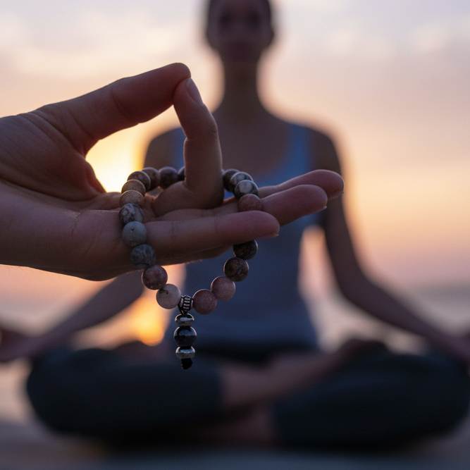 Maifanite mala bracelet with natural earthy-toned beads in beige, grey and soft terracotta shades, featuring a subtle charm detail.