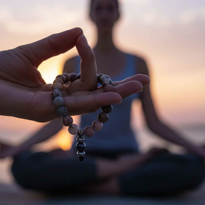 Maifanite mala bracelet with natural earthy-toned beads in beige, grey and soft terracotta shades, featuring a subtle charm detail.