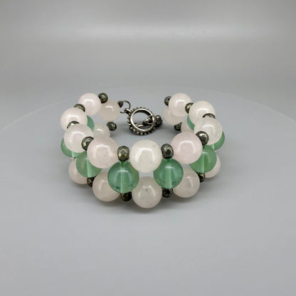 Natural Rose Quartz & Clear Quartz Beaded Bracelet with round polished gemstone beads, handmade gemstone jewelry
