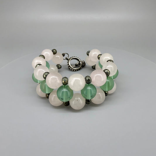 Natural Rose Quartz & Clear Quartz Beaded Bracelet with round polished gemstone beads, handmade gemstone jewelry