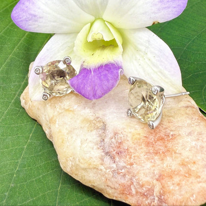 White gold plated silver stud earrings with 8.3 ct natural Lemon Quartz; golden-yellow gemstones in refined design.