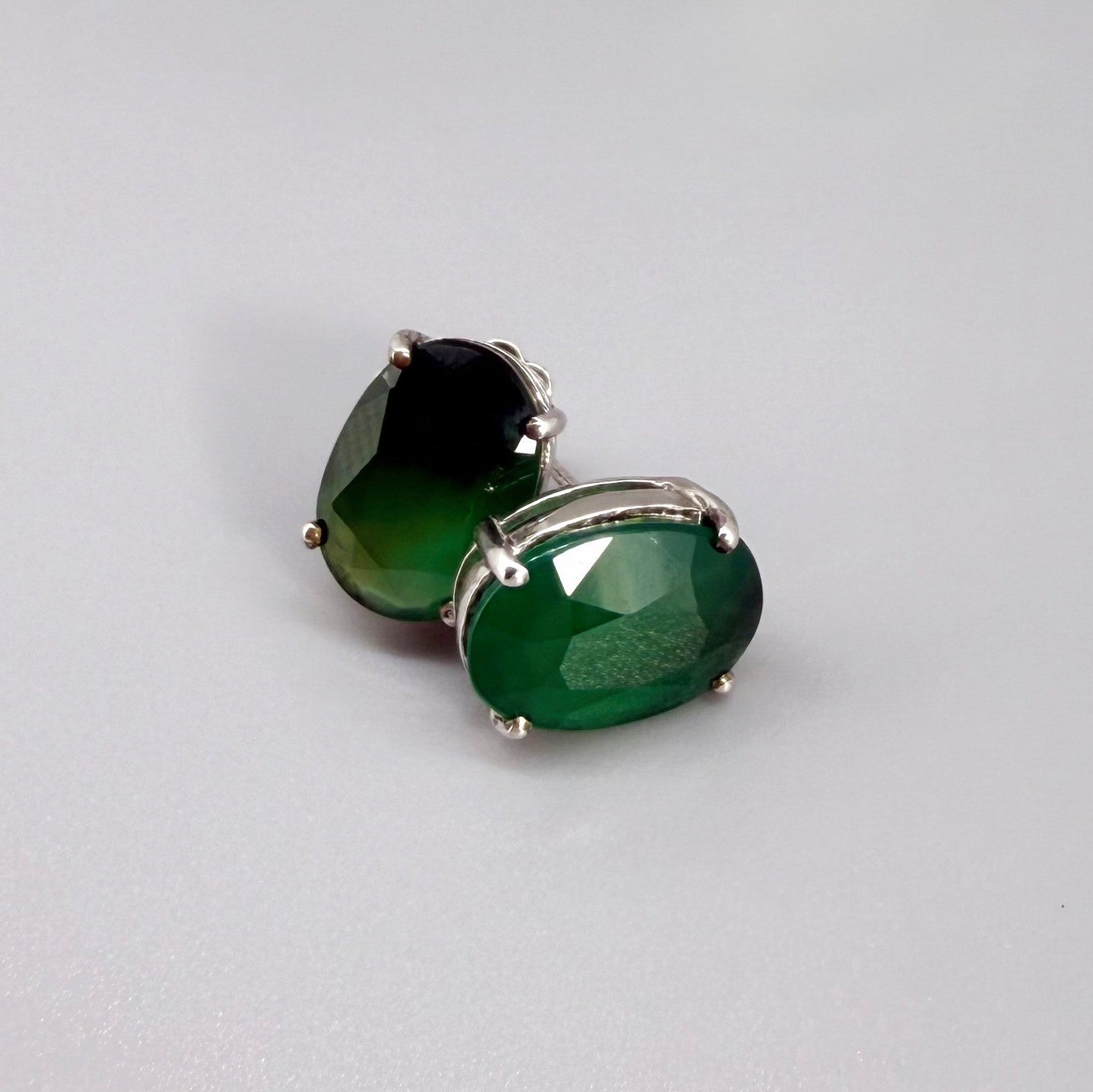 Green agate stud earrings in white gold plated sterling silver with butterfly backs.