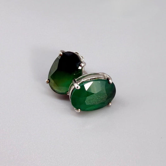 Green agate stud earrings in white gold plated sterling silver with butterfly backs.