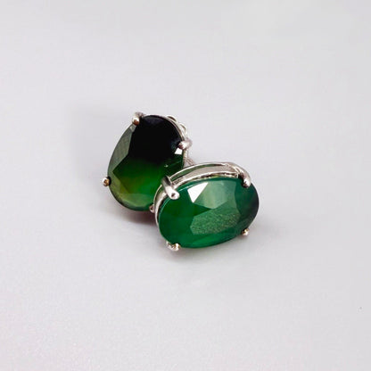 Green agate stud earrings in white gold plated sterling silver with butterfly backs.