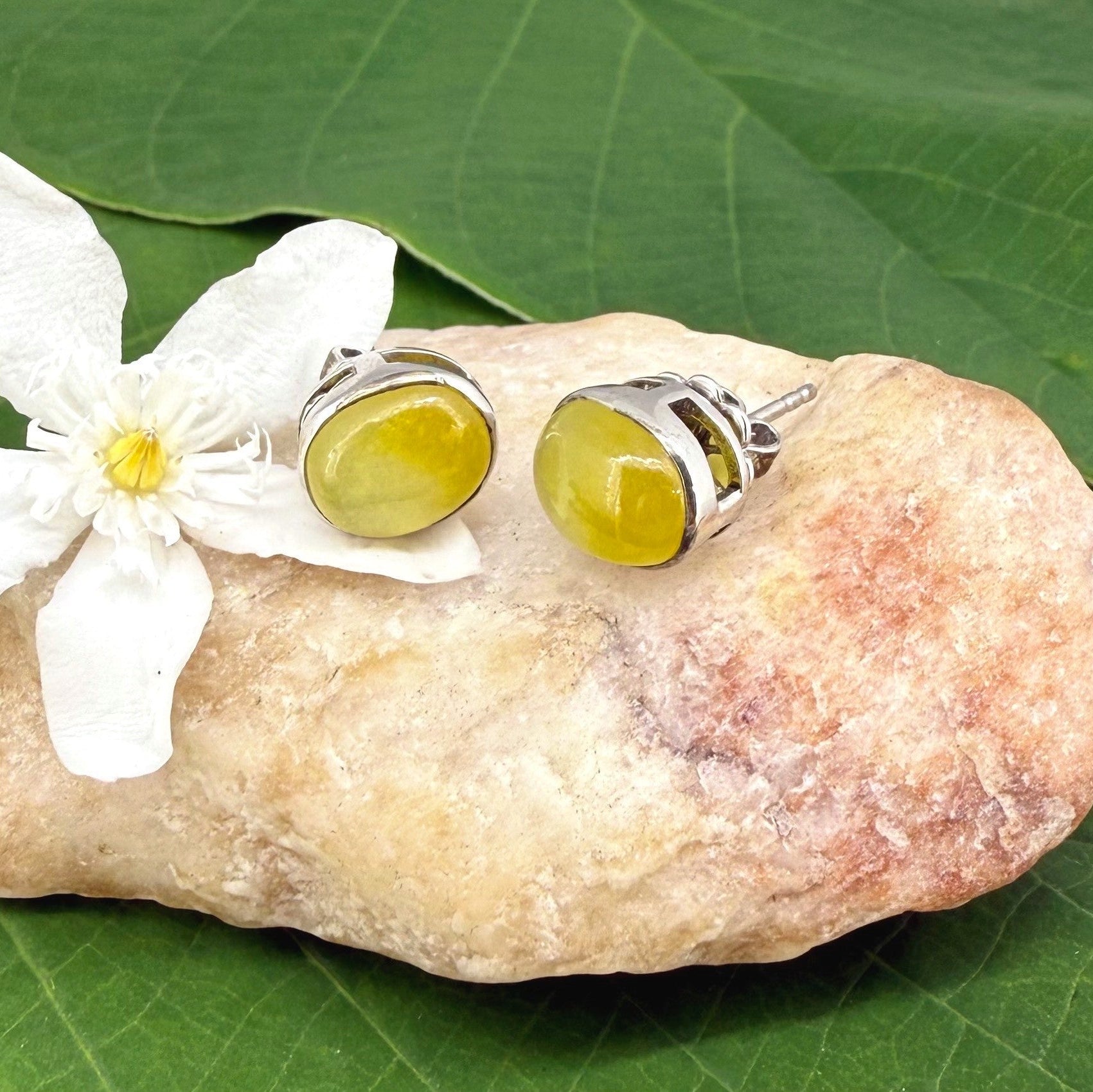 Yellow sapphire cabochon stud earrings in white gold plated sterling silver with butterfly backs.