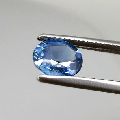 0.84 ct natural bright-blue sapphire from Bangkaja, oval cut, shown held with tweezers.