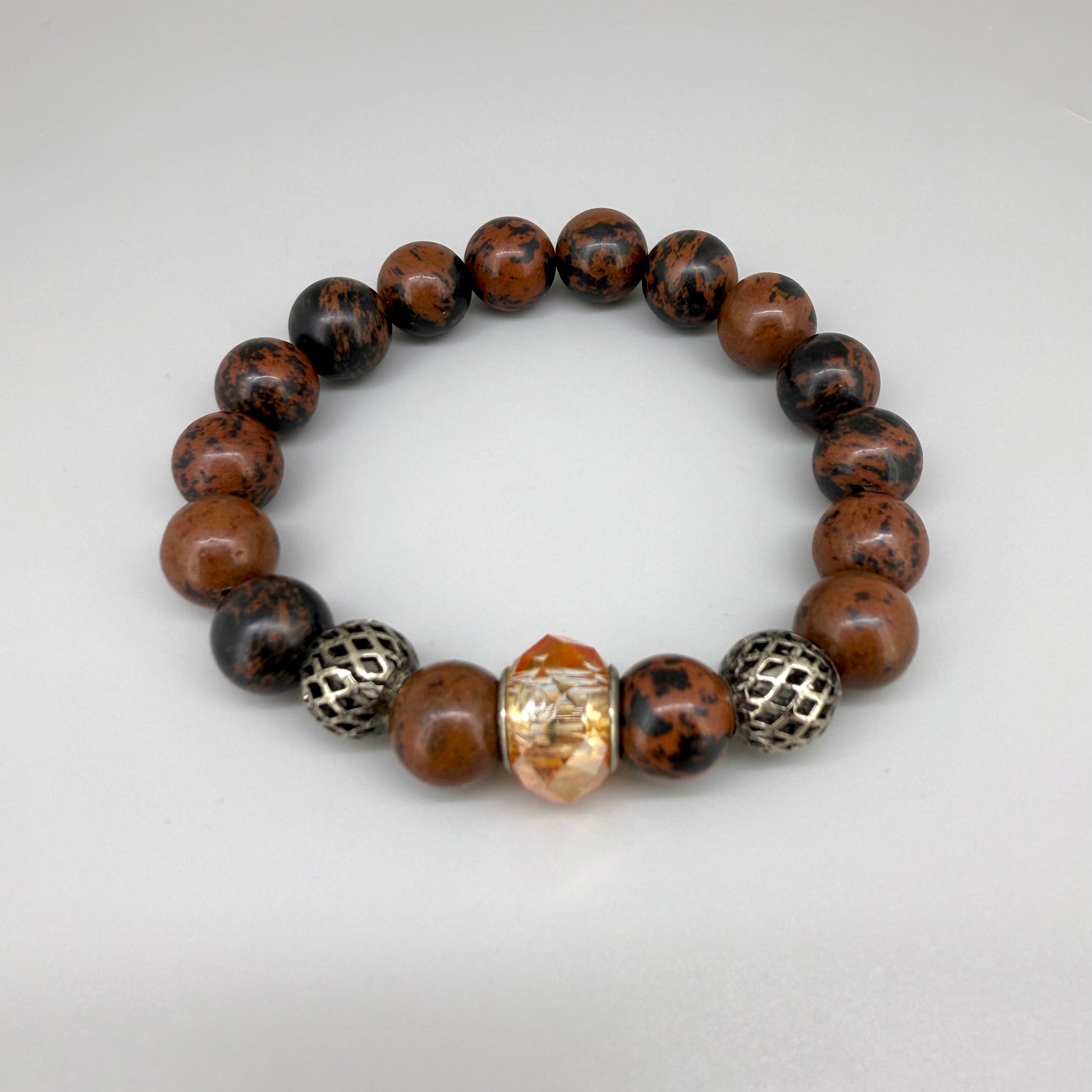 Mahogany obsidian beaded bracelet, 18cm, natural brown and black gemstone beads on elastic stretch band.