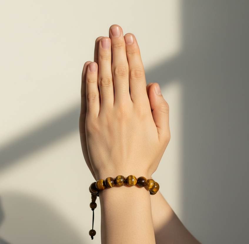 Tiger’s eye mala bracelet made from natural golden-brown tiger’s eye beads, symbolizing confidence, protection, and inner strength.