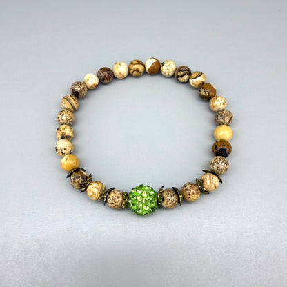 Jasper beaded bracelet, natural gemstone beads in light earthy tones on elastic stretch band.