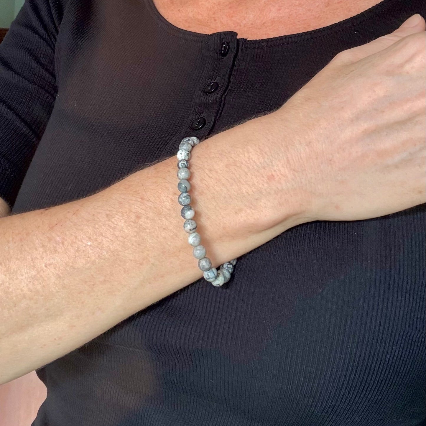 Jasper beaded bracelet, natural grey, black, and white marbled gemstone beads on elastic stretch band.