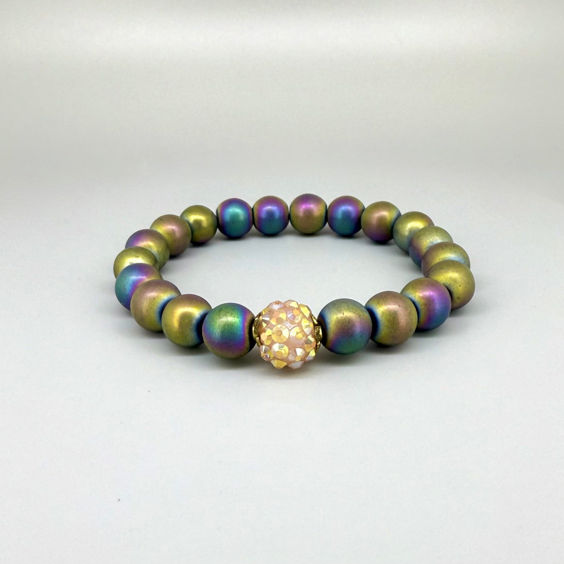 Hematite beaded bracelet, 18cm, natural metallic rainbow gemstone beads on elastic stretch band.