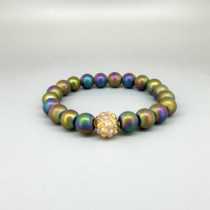Hematite beaded bracelet, 18cm, natural metallic rainbow gemstone beads on elastic stretch band.