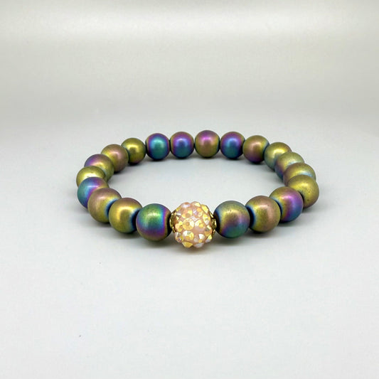 Hematite beaded bracelet, 18cm, natural metallic rainbow gemstone beads on elastic stretch band.