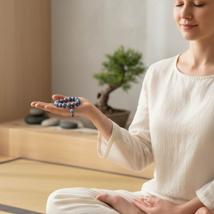 Blue Jasper mala bracelet with marbled blue and white natural gemstone beads and decorative charm detail.