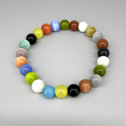 Multicolor cat’s eye beaded bracelet, 17cm, bright shimmering gemstone beads on elastic stretch band.