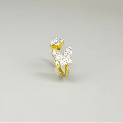 23k gold butterfly and flower ring with 47 cubic zirconia in open design, size 57.