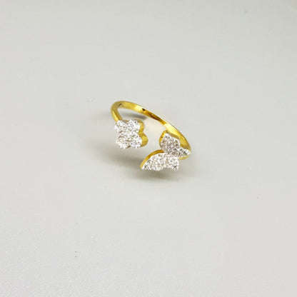 23k gold butterfly and flower ring with 47 cubic zirconia in open design, size 57.