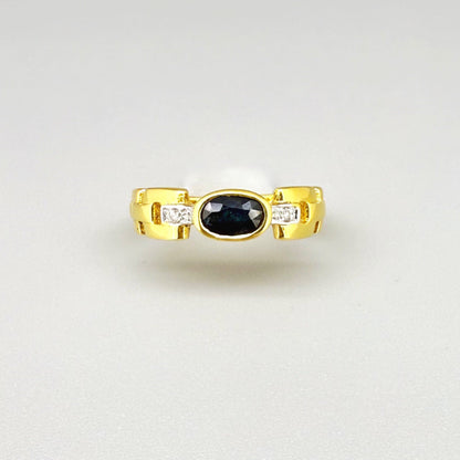 23k gold ring with 0.49 ct Laos sapphire and diamonds, deep blue gemstone in elegant classic setting, size 52.