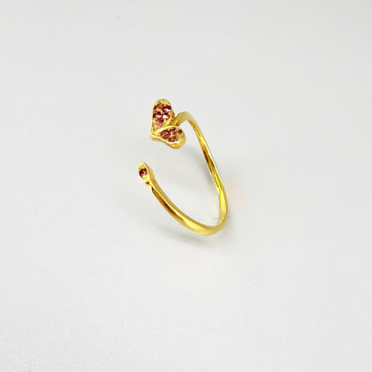23k gold open ring with 0.11 ct ruby and heart-shaped detail, adjustable size 52–55.