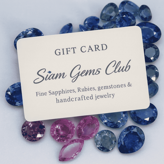 Gift card for Siam Gems Club surrounded by gemstones on a light background