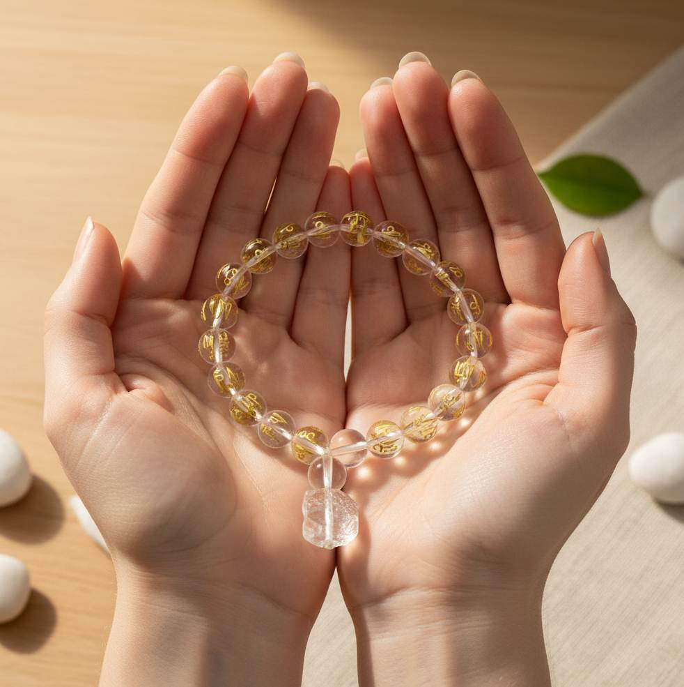 Clear quartz mala bracelet with 21 engraved beads featuring golden Om Mani Padme Hum mantra on elastic cord