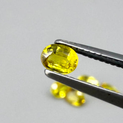 Yellow sapphire parcel in oval cuts from Bangkaja, Thailand showing lemon, golden and orangey tones with bright natural brilliance.