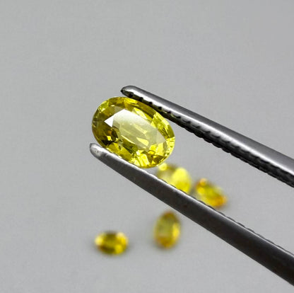 Yellow sapphire parcel in oval cuts from Bangkaja, Thailand showing lemon, golden and orangey tones with bright natural brilliance.