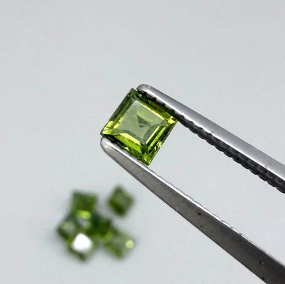 Green sapphire parcel in square cuts from Bangkaja, Thailand showing olive to yellowish-green tones with natural brilliance.