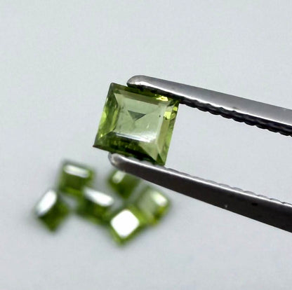 Green sapphire parcel in square cuts from Bangkaja, Thailand showing olive to yellowish-green tones with natural brilliance.