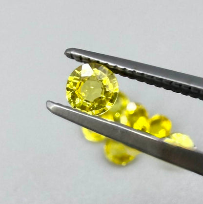 Yellow sapphire parcel in oval and round cuts from Bangkaja, Thailand showing lemon to light golden tones with bright natural brilliance.