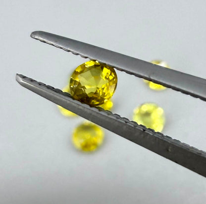 Yellow sapphire parcel in oval and round cuts from Bangkaja, Thailand showing lemon to light golden tones with bright natural brilliance.