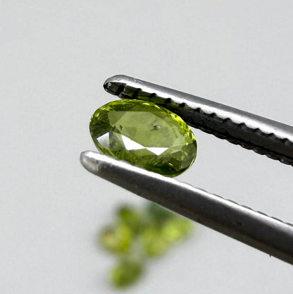 Green sapphire parcel in oval cuts from Bangkaja, Thailand showing yellowish-green to olive tones with natural brilliance.