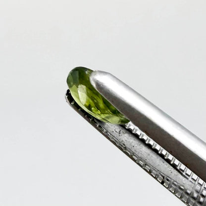Oval green sapphire from Thailand, 0.35ct, unheated, with olive-green color, visible banding and color zoning, natural inclusions and a transparent to slightly silky appearance.
