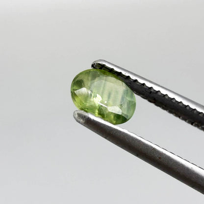 Oval light green sapphire from Thailand, 0.33ct, unheated, with soft green color, visible banding and natural inclusions and a transparent to slightly silky appearance.