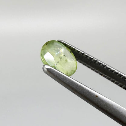 Oval light green sapphire from Thailand, 0.42ct, unheated, with soft pistachio-green color, visible natural inclusions and a transparent to slightly silky appearance.