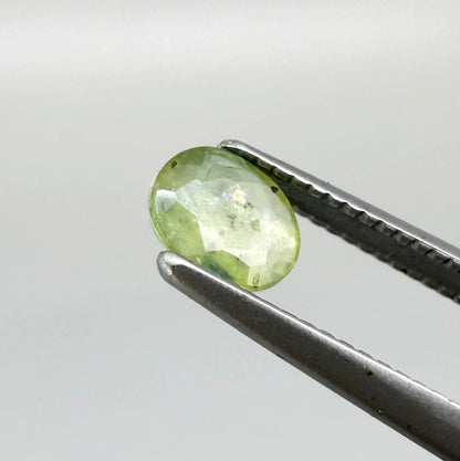 Oval light green sapphire from Thailand, 0.42ct, unheated, with soft pistachio-green color, visible natural inclusions and a transparent to slightly silky appearance.
