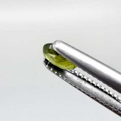 Oval yellow-green sapphire from Thailand, 0.21ct, unheated, with bright greenish-yellow color, visible dark natural inclusions and a transparent to slightly silky appearance.