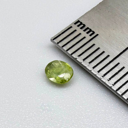 Oval light green sapphire from Thailand, 0.31ct, unheated, with fresh yellow-green color, visible natural inclusions and a transparent to slightly silky appearance.