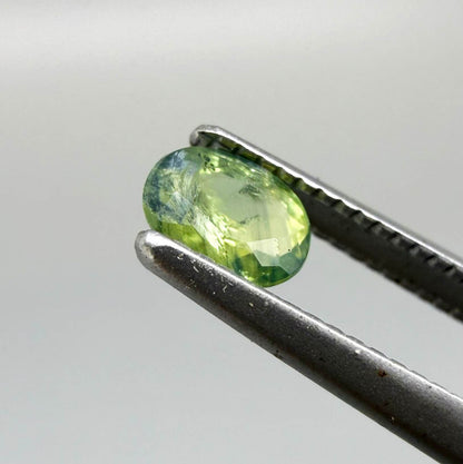Oval green sapphire from Thailand, 0.35ct, unheated, with fresh green hues, visible natural inclusions and a transparent to slightly silky appearance.