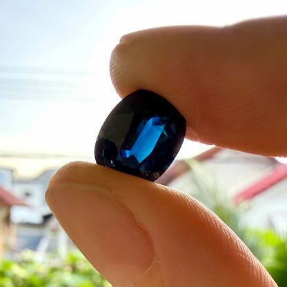 Natural heated dark blue Laos sapphire weighing 3.65 ct, oval cut with eye-clean clarity and a rich deep blue colour.