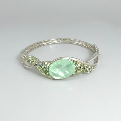 Fluorite and sapphire silver bangle plated in white gold