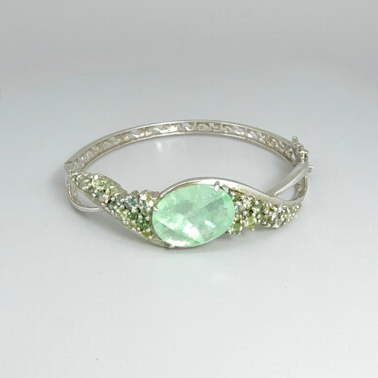 Fluorite and sapphire silver bangle plated in white gold