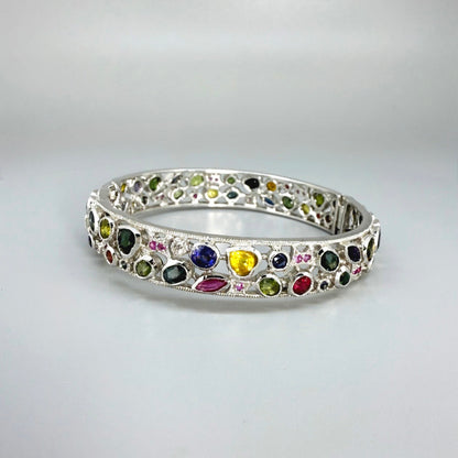 White gold plated silver bangle with  Sapphire multicolor 